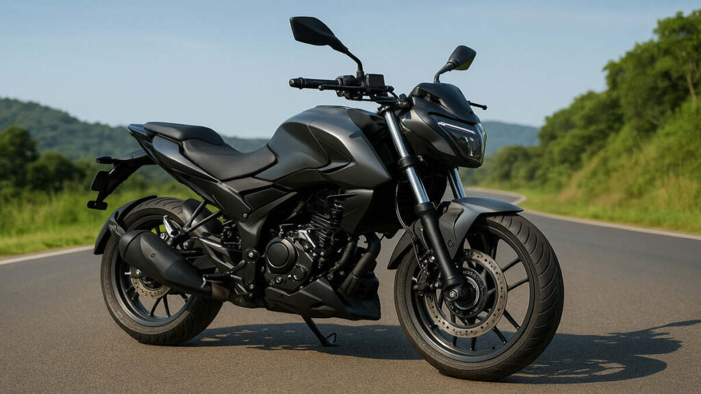 Bajaj Pulsar N250 in matte grey parked on a scenic open road
