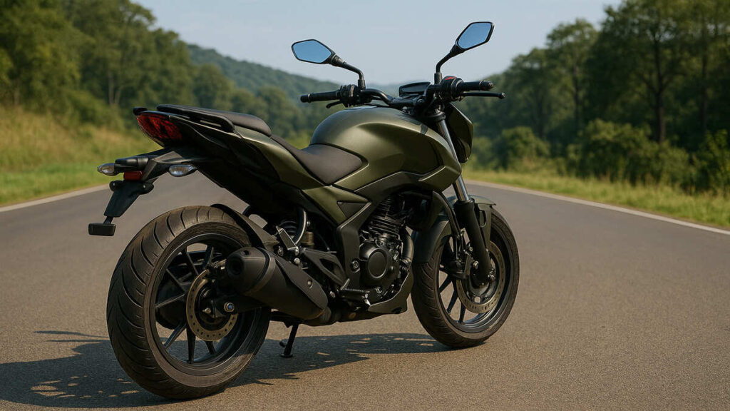 Bajaj Pulsar N250 rear view parked on a scenic open road
