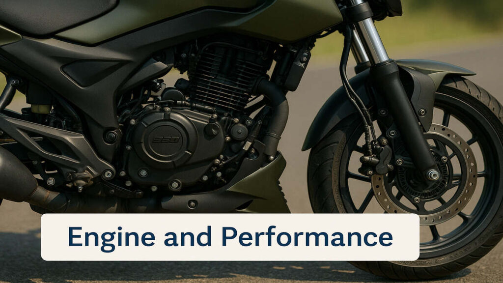 Close-up view of Bajaj Pulsar N250 engine and front section
