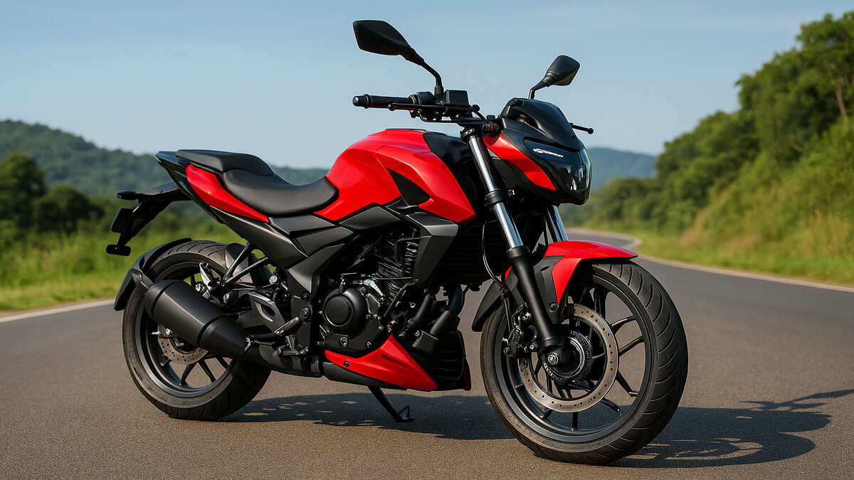Bajaj Pulsar N250 red colour parked on a scenic road