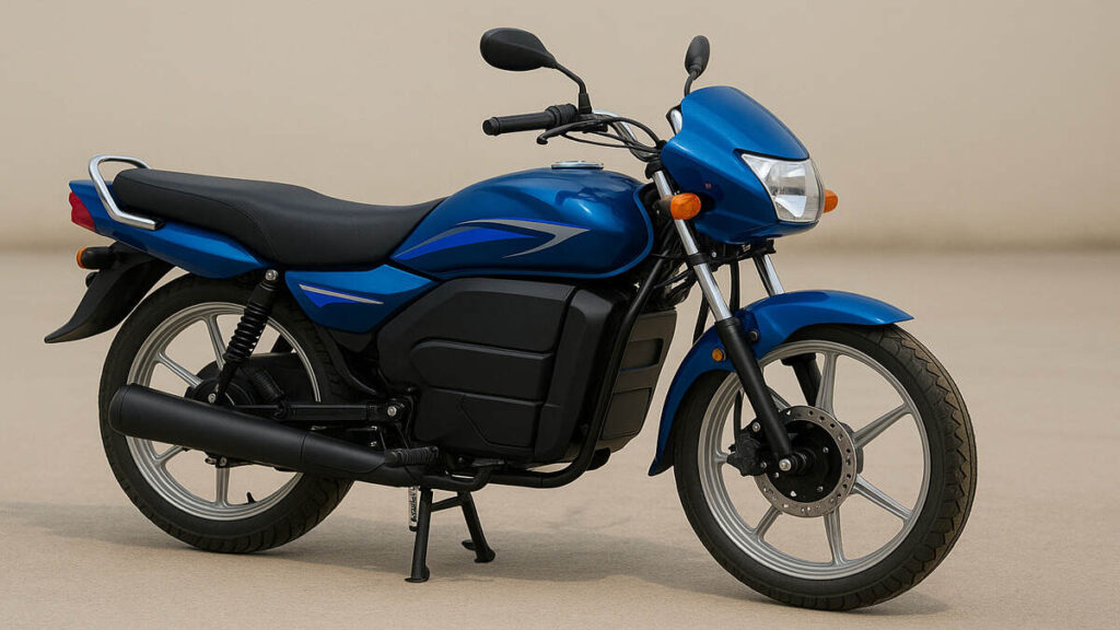 Blue Hero Splendour Electric bike side view on a plain background