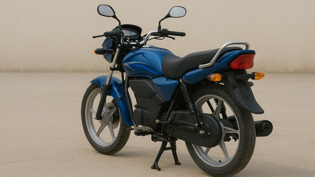 Blue Hero Splendour Electric motorcycle rear view on a plain background