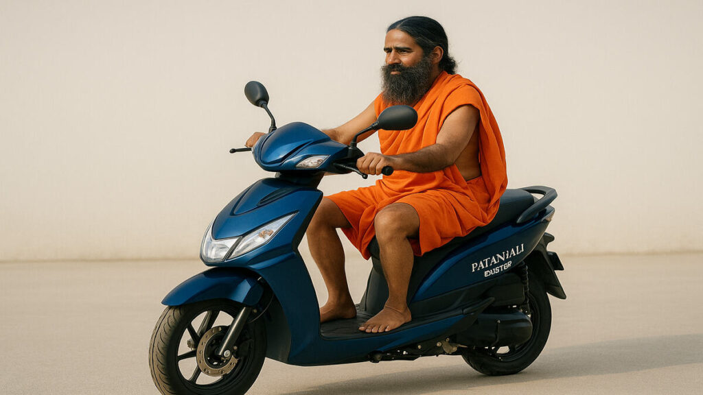 “Blue Patanjali Electric Bike being ridden on a plain background in daylight.”