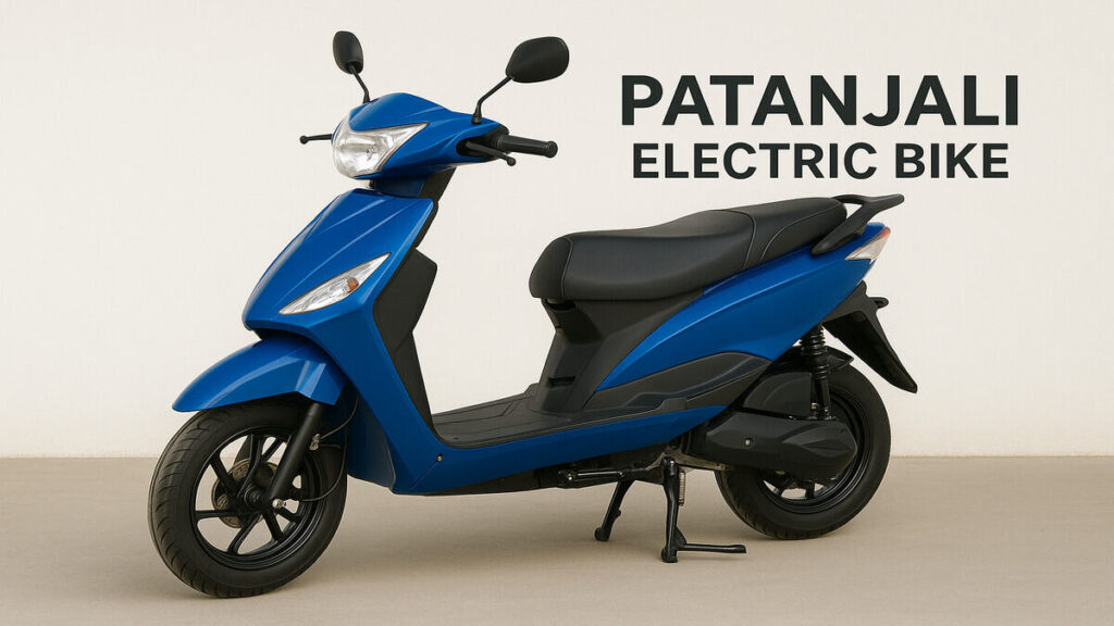 “Blue Patanjali Electric Bike on plain background.”