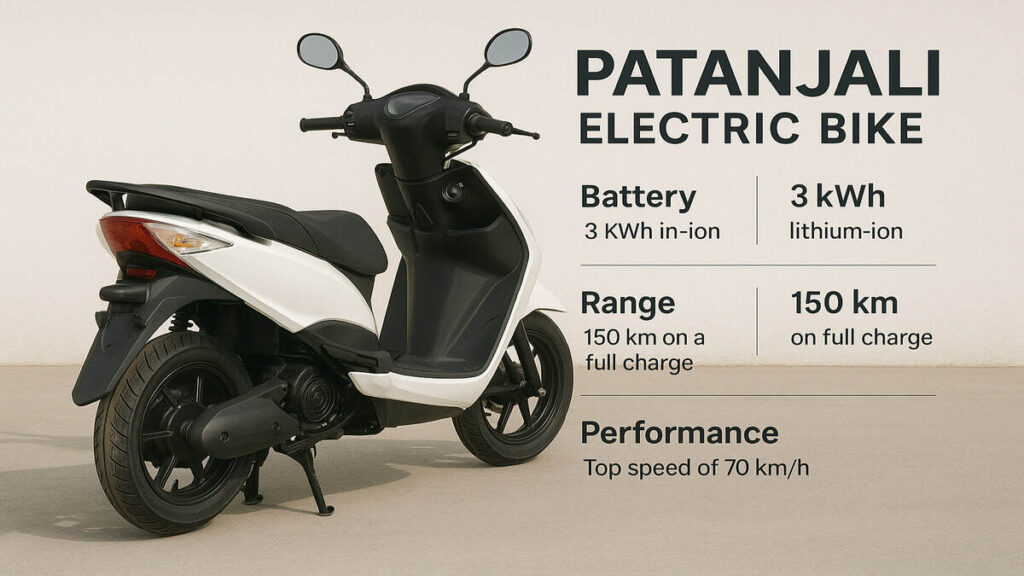 “White Patanjali Electric Bike with battery, range and performance details.”