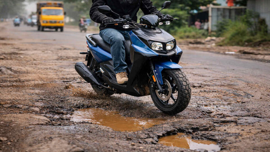 2026 Yamaha Zuma 125 riding on rough Indian road with potholes