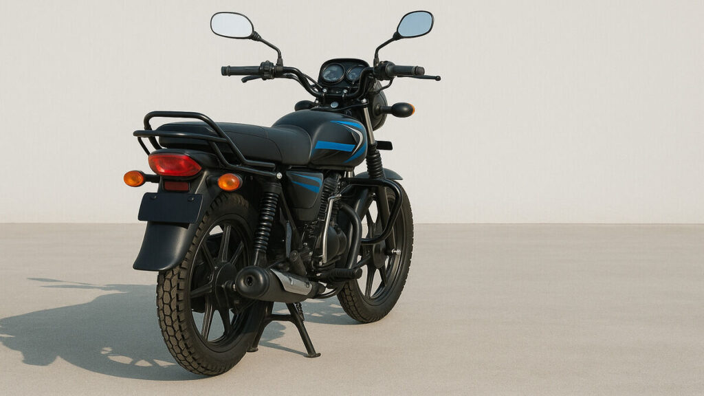 Rear view of the Bajaj CT 110X in black with blue decals on a plain background