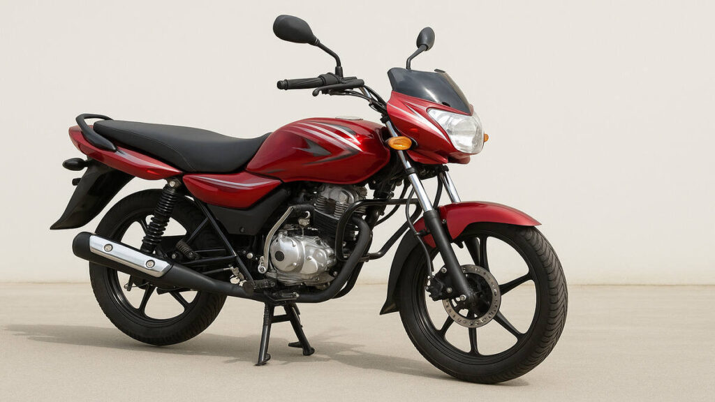 Red Bajaj Platina 135 motorcycle on a plain background