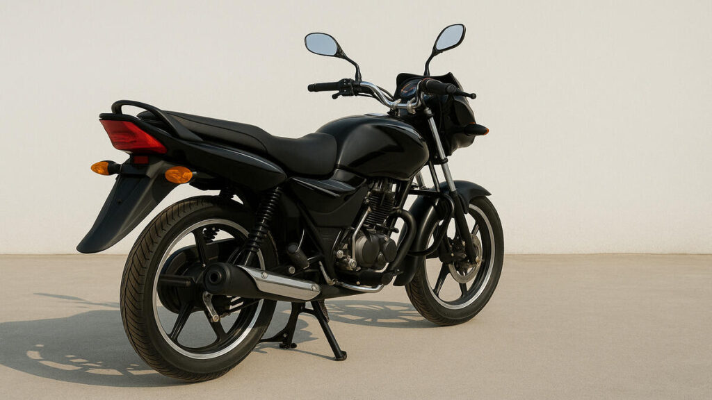 Rear view of a black Bajaj Platina 135 on a plain background