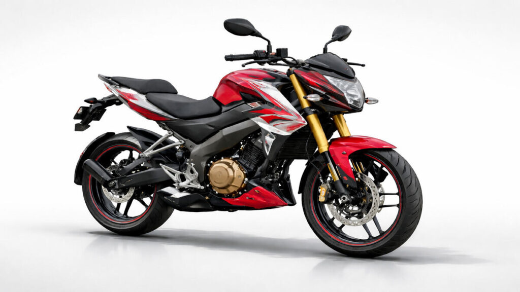 Bajaj Pulsar NS200 in red color with sporty streetfighter design