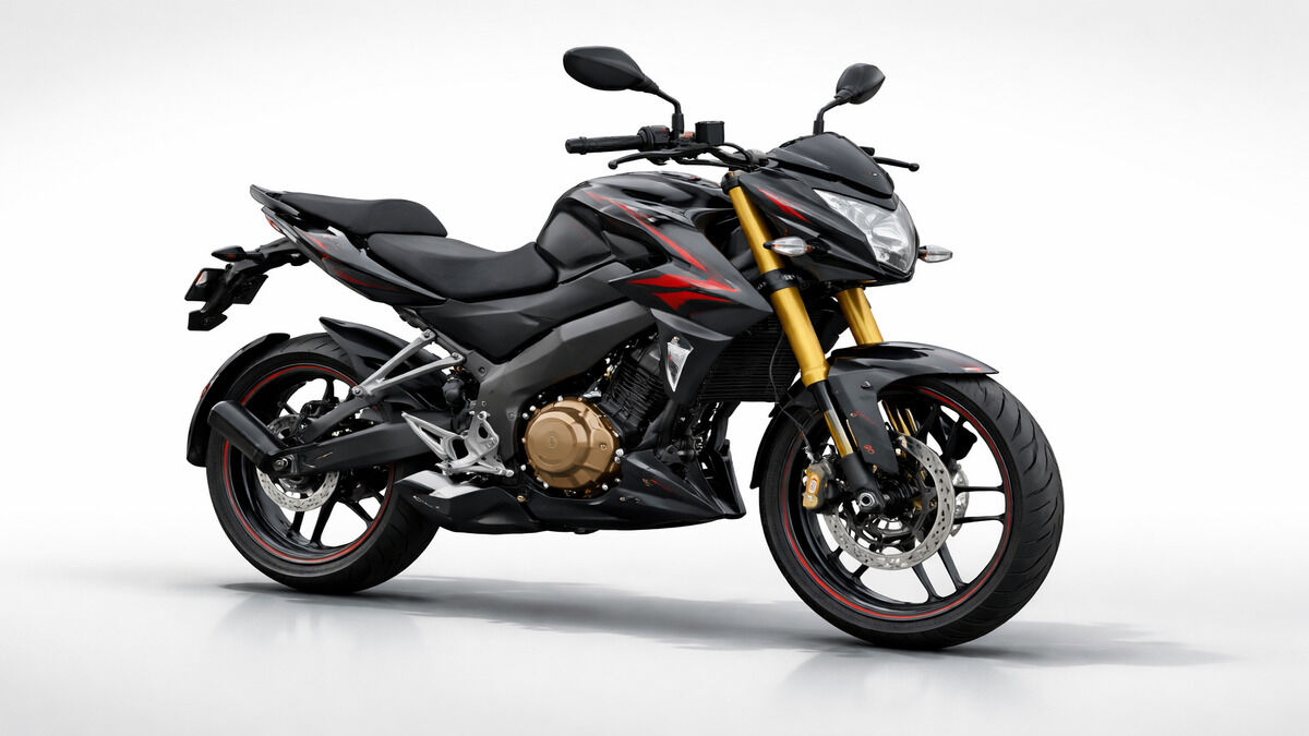 Bajaj Pulsar NS200 motorcycle in black color parked on clean background