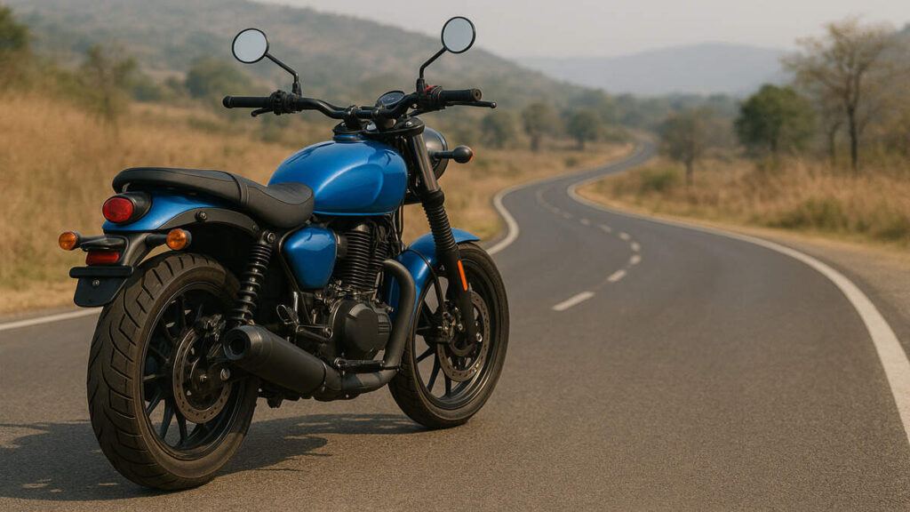 Rear view of a blue motorcycle parked on a scenic curved road.