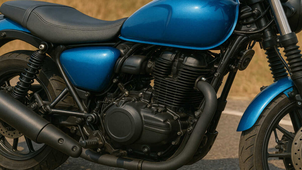 Close-up view of a motorcycle engine and blue fuel tank.