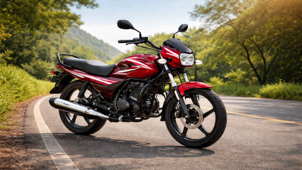 Red Hero Splendor Plus XTEC bike parked on a scenic road