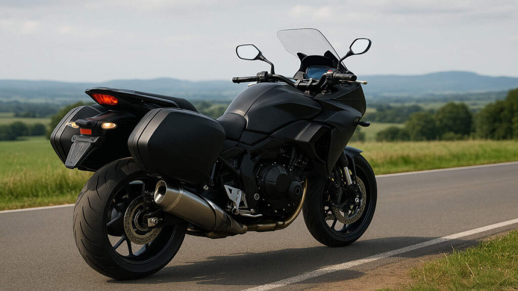 Honda CB1000GT rear view parked on a scenic road