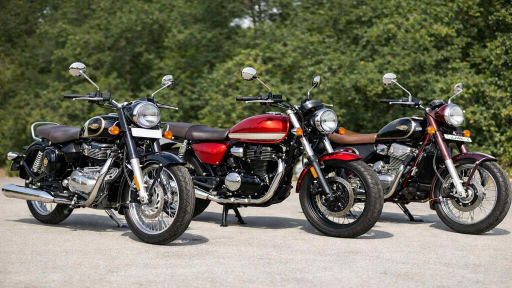 Honda Hness CB350 with Royal Enfield Classic 350 and Jawa bikes parked side by side