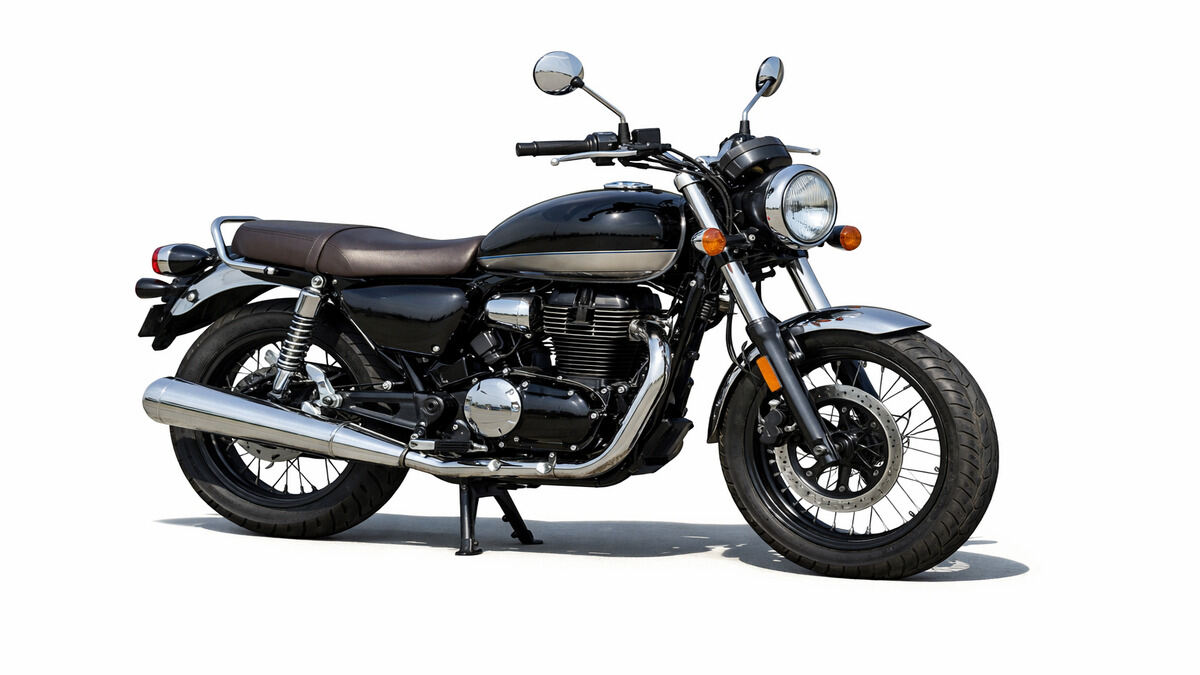 Honda Hness CB350 motorcycle on plain white background in natural daylight