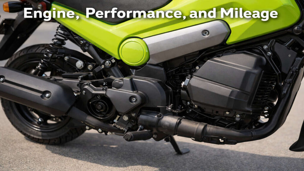 Honda Navi engine close-up showing performance and mileage details