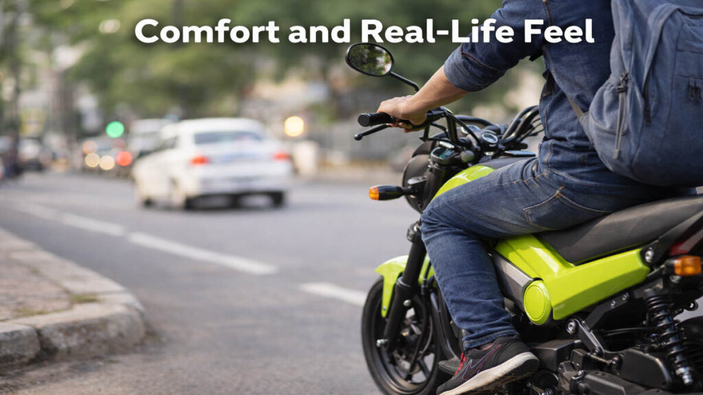 Rider riding Honda Navi in city traffic showing comfort and real-life feel
