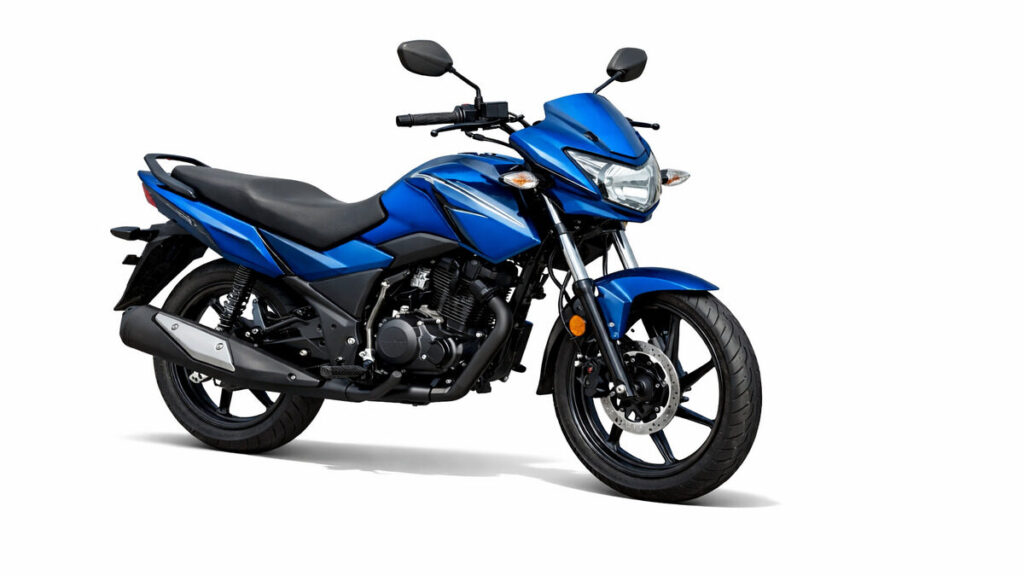 Blue Honda SP 125 motorcycle on a white background, front three-quarter view