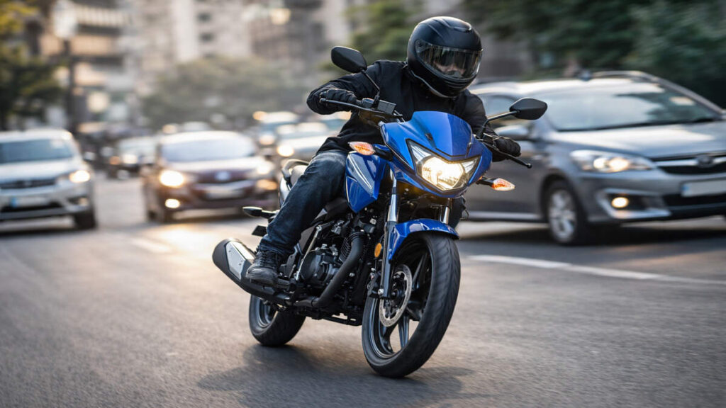 Rider handling a Honda SP 125 in city traffic, blue bike in motion