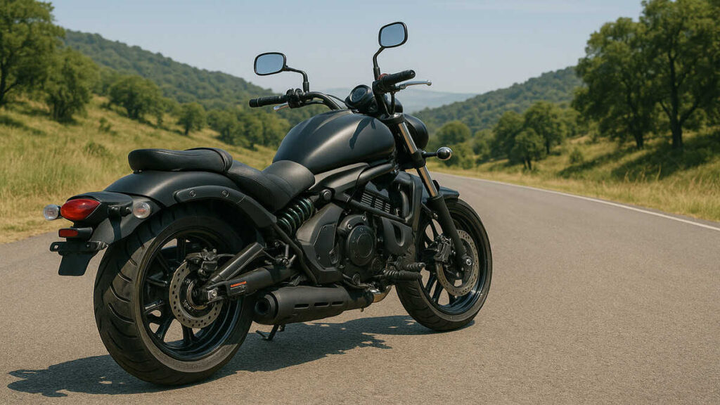 Rear view of the Kawasaki Vulcan S parked on a scenic open road