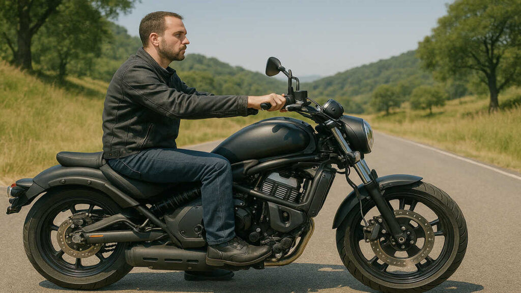 Rider sitting on a Kawasaki Vulcan S showing comfort and riding posture
