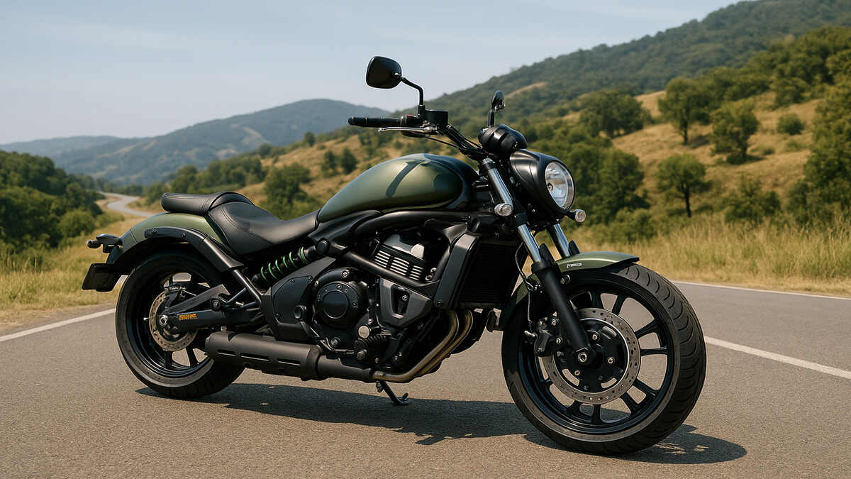 Kawasaki Vulcan S parked on a scenic road in natural daylight