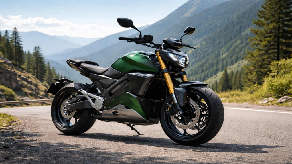 Pine Green Ola Electric Roadster X motorcycle parked on a mountain roadside in natural daylight