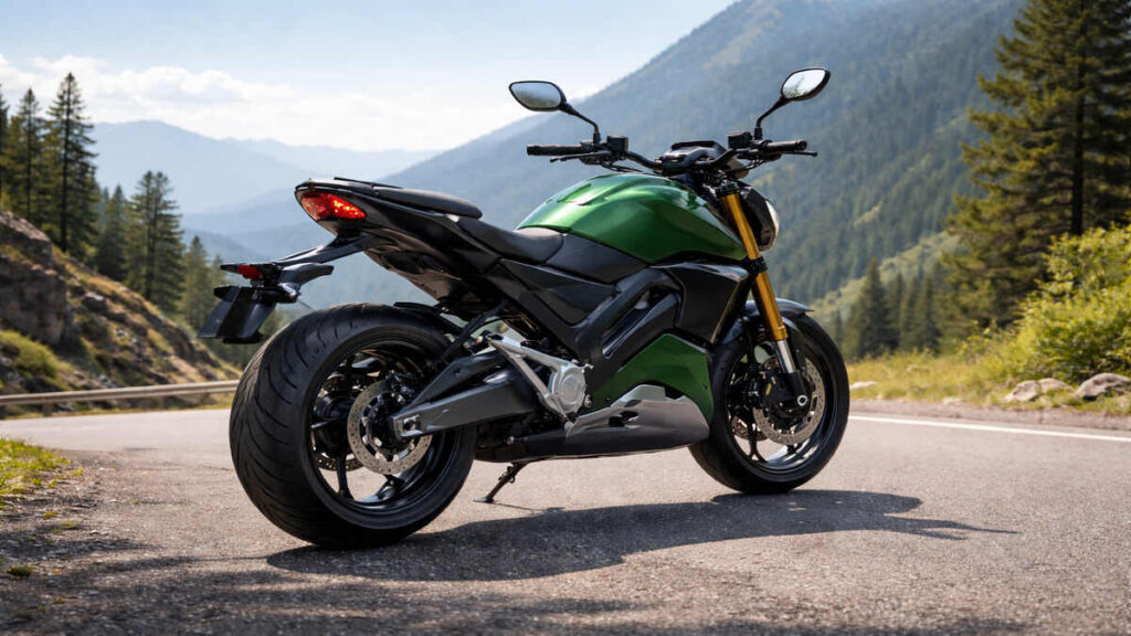 Rear angle view of Pine Green Ola Electric Roadster X motorcycle on a mountain roadside in natural daylight