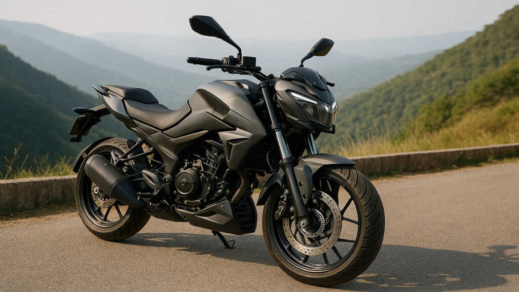 Grey Pulsar NS400Z parked on a hillside road in daylight