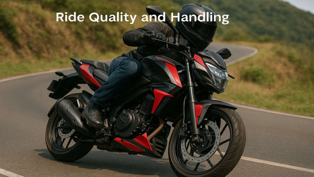 Pulsar NS400Z leaning in a corner, showing ride quality and handling