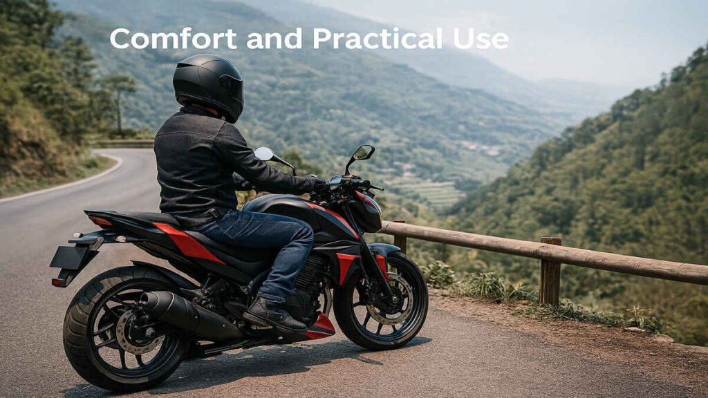 Rider on Pulsar NS400Z enjoying a relaxed ride on a hillside road