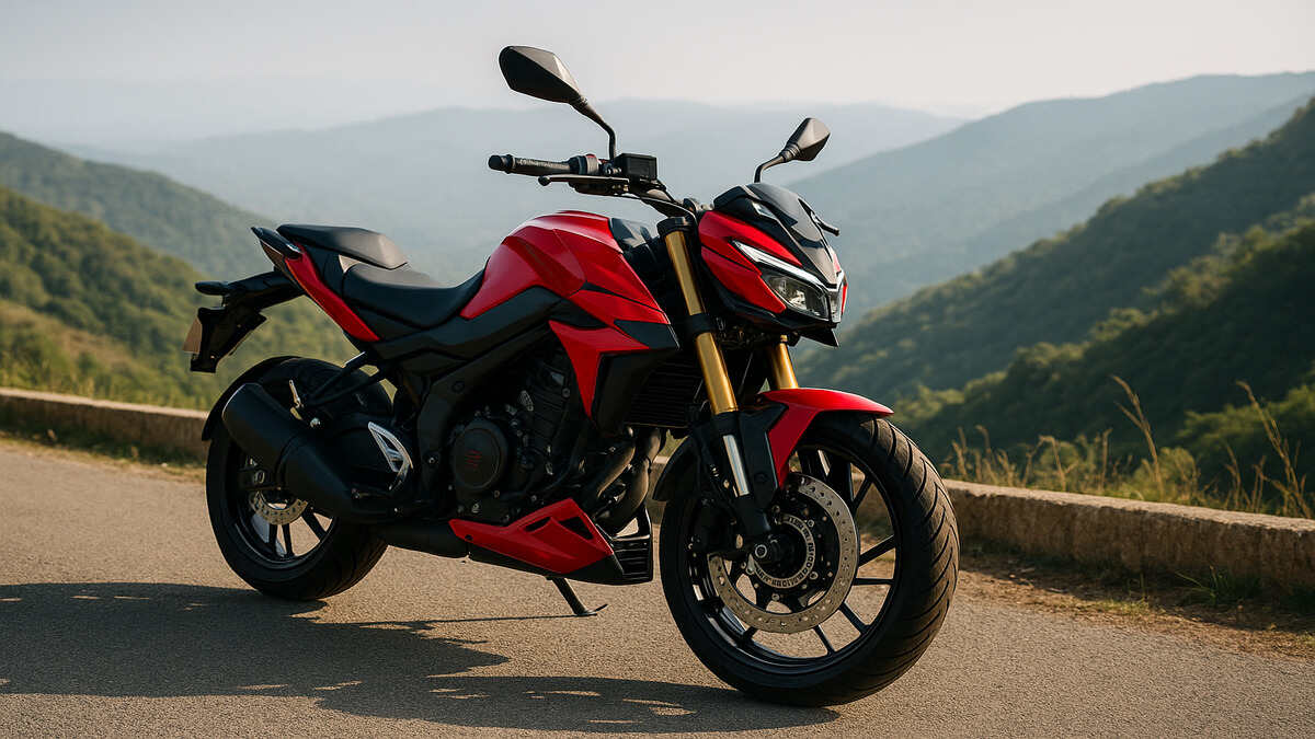 Red Pulsar NS400Z parked on a hillside road in natural daylight