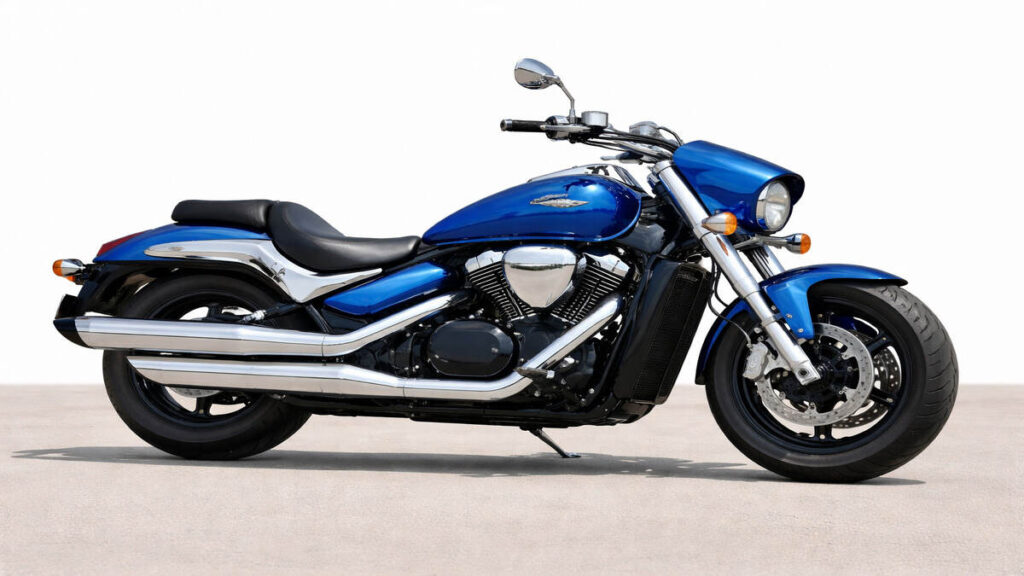 Blue Suzuki Boulevard M50 cruiser motorcycle side view