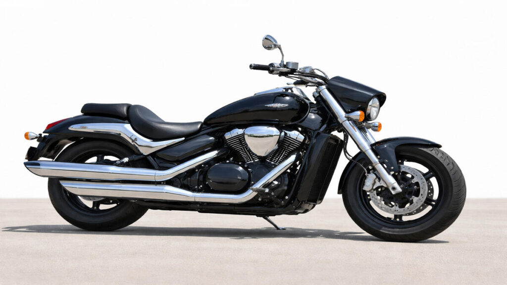 Suzuki Boulevard M50 cruiser motorcycle side view on clean background