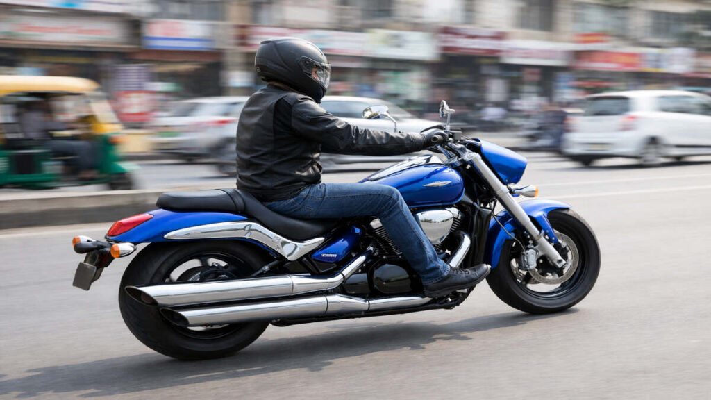 Suzuki Boulevard M50 cruiser bike riding in city traffic