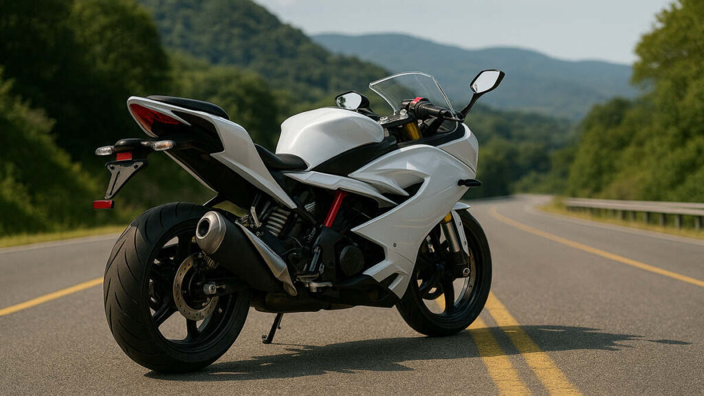 Rear view of white TVS Apache RR 310 on a scenic road