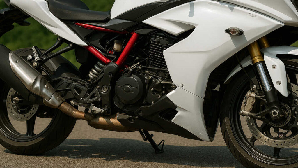 TVS Apache RR 310 engine and exhaust close-up