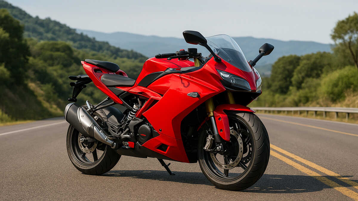 Red sports bike parked on a scenic road
