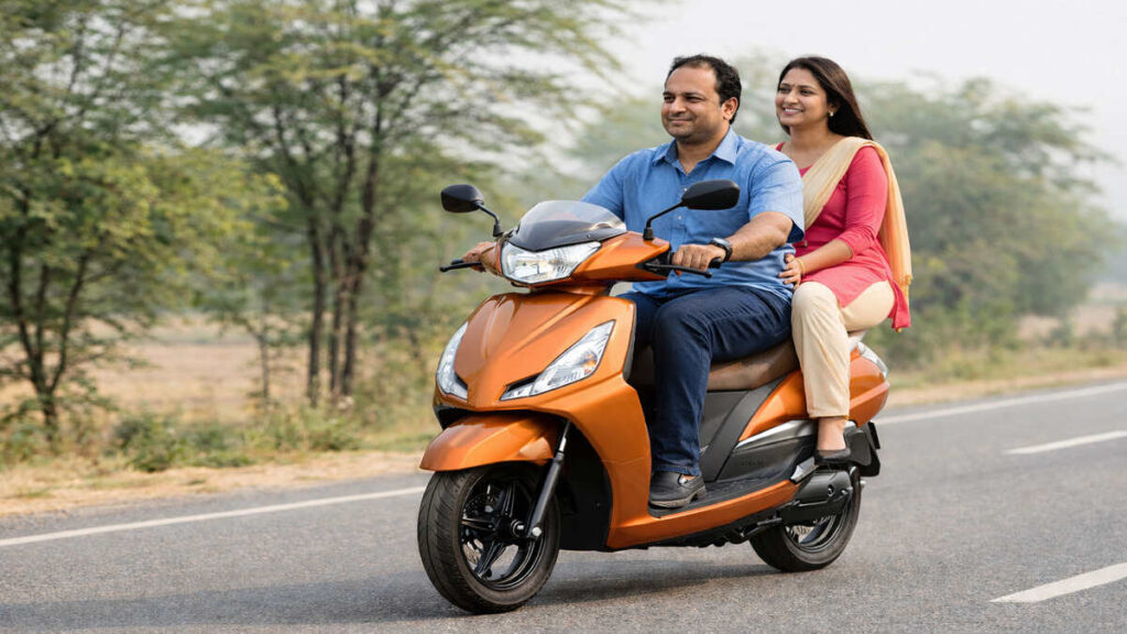 A couple riding the TVS Jupiter 125 in orange colour on an open road