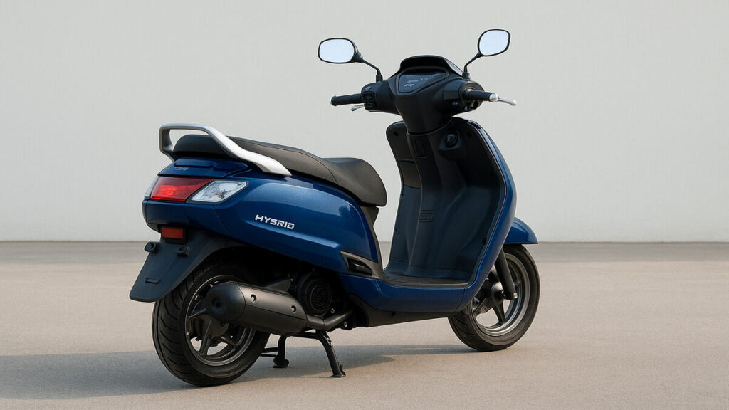 Rear view of a blue hybrid scooter on a plain background.