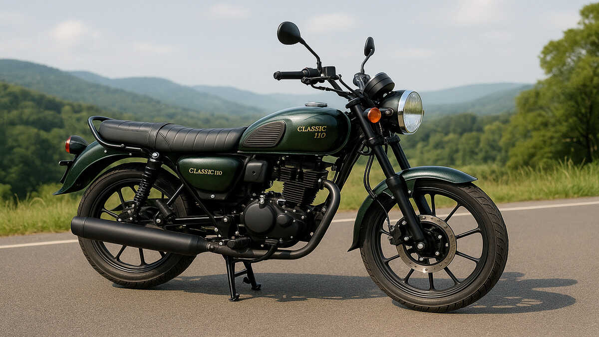 “Tata Classic 110 Super Bike parked on a scenic road in natural daylight”
