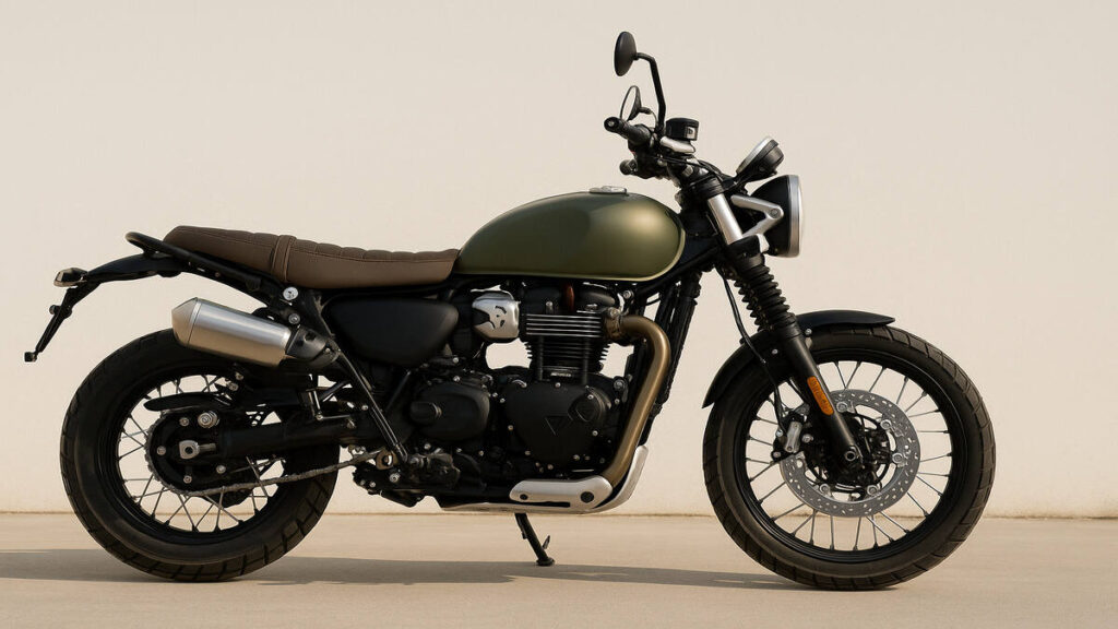 Triumph Scrambler 400X green colour side view on clean background