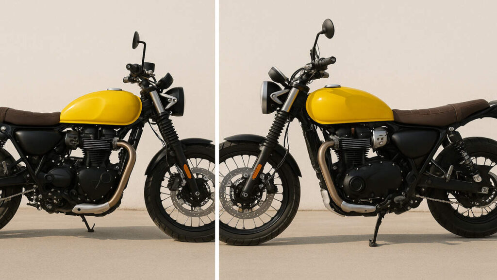 Triumph Scrambler 400X left and right side view in yellow colour