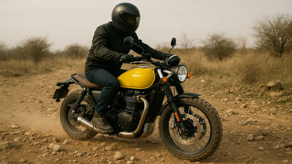Triumph Scrambler 400X riding on rough road showing comfort and stability