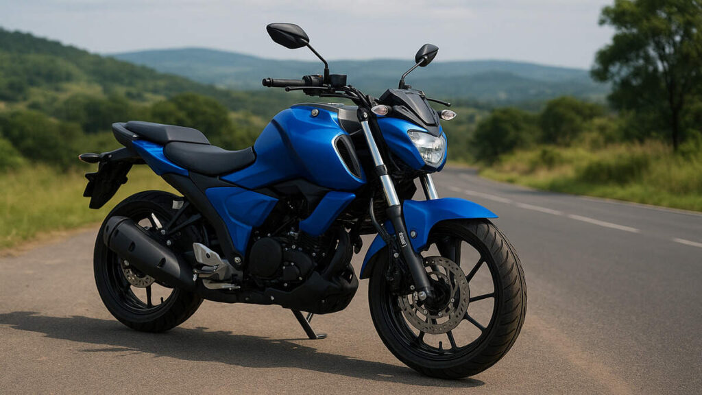Blue Yamaha FZS FI bike parked on a scenic road in daylight