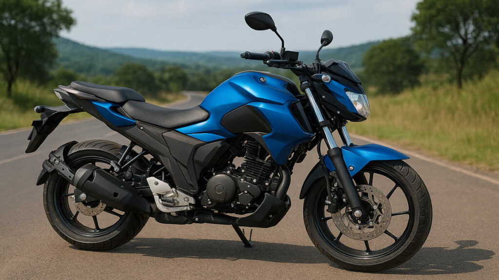 Blue Yamaha FZS FI motorcycle side view on a scenic road