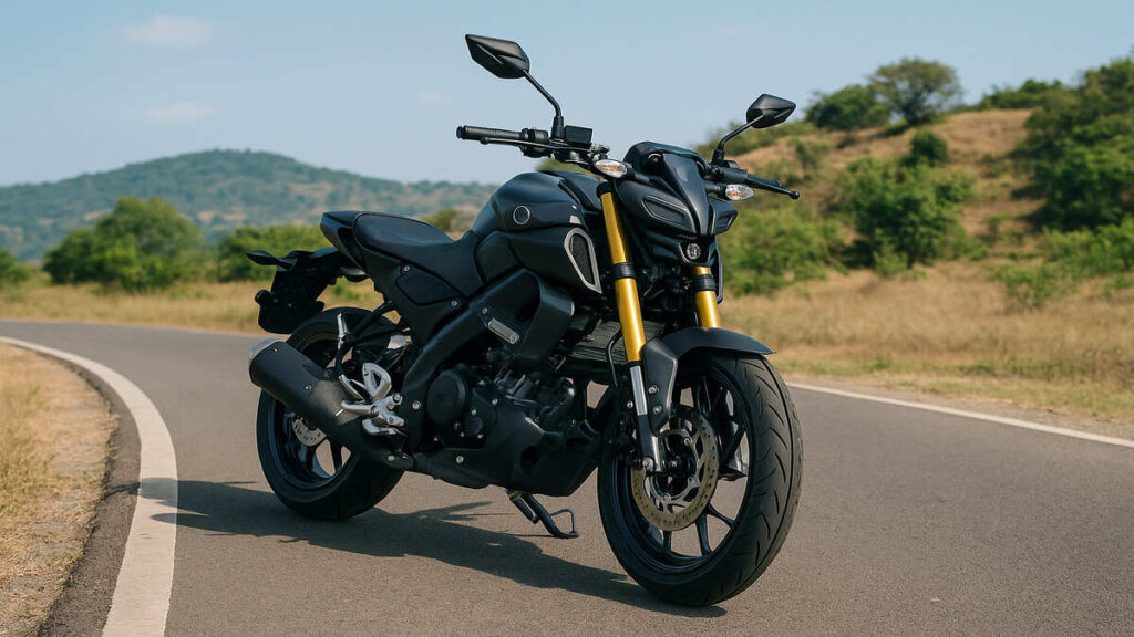 Black Yamaha MT 15 V2 parked on a countryside road