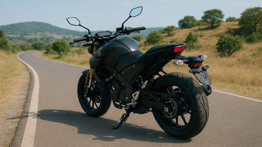 Rear view of a black Yamaha MT 15 V2 on a scenic road